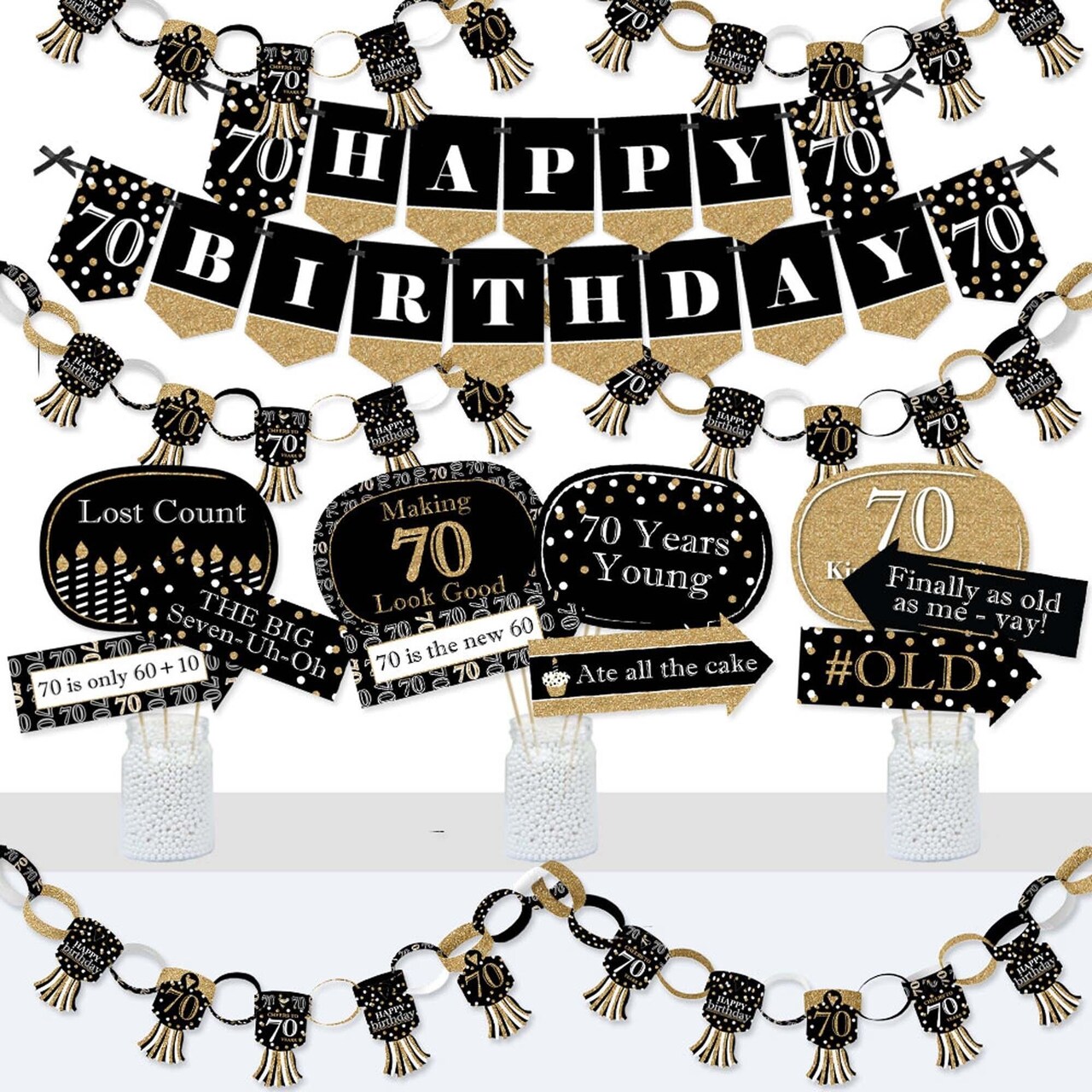 Big Dot of Happiness Adult 70th Birthday - Gold - Banner and Photo Booth Decorations - Birthday Party Supplies Kit - Doterrific Bundle